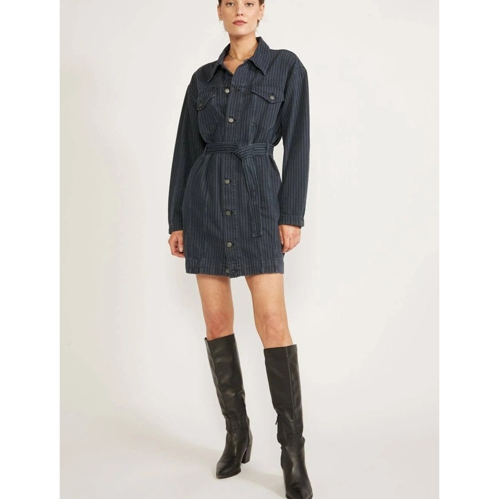 ETICA Joelle Denim Shirt Jacket Dress S Belted Navy Blue Night Stripe NWT $182